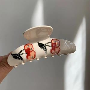 Elegant cream acetate shark hair claw clip with crystal cherry pattern for women