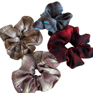 Set of 4 vintage plaid hair scrunchies with rectangular rhinestones in diverse colors