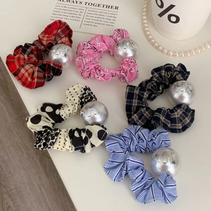 Chouchous en Tissu Paisley à Carreaux Doux Avec Künstliche Perle de Lettre Argentée Haute Élasticité Support de Queue de Cheval pour Femmes Filles Accessoires de Cheveux