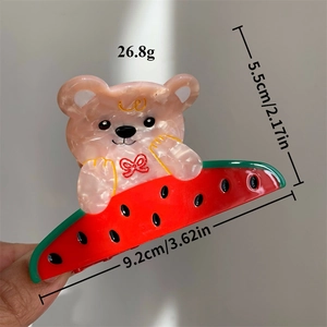Pink marble acetate hair claw clip with bear and watermelon design, 9.2cm length