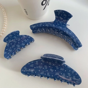 Three-piece dark blue hair claw clips with star and heart prints in Korean retro style