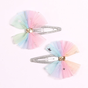 Sparkly rainbow glitter hair clips set with mesh bows and stars for girls