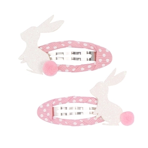 Set di due fermagli rosa a pois con sagome di coniglietti glitterati e code di peluche