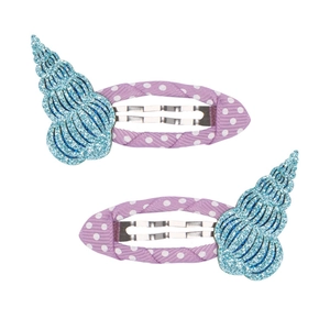 Set di 2 mollette per capelli a conchiglia con tessuto a pois viola e glitter blu