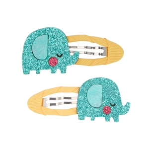 Dettaglio delle mollette per capelli a forma di elefante con paillettes verdi e nastro