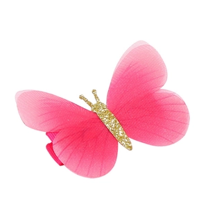 Dettaglio molletta per capelli a farfalla in chiffon rosa con corpo glitterato oro