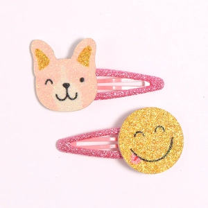 Glitter cat and smiley face hair clips set for girls with pink and yellow sequins
