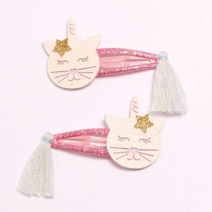 Pink unicorn cat hair clips for kids with sparkling glitter and colorful tassels