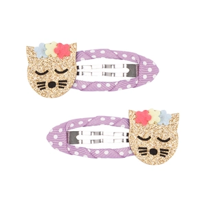 Simpatiche mollette viola a pois con orecchie di gatto glitterate e fiori in tessuto bimba