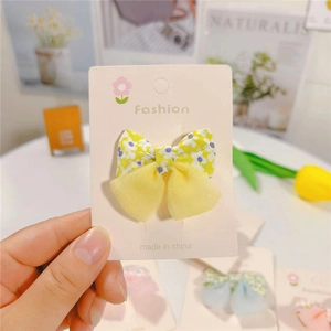 Floral bow hair clip in yellow fabric and organza for girls summer outing hair accessory