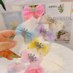 Detail of 6pcs colorful mesh bow hair clips with rhinestone crowns for girls