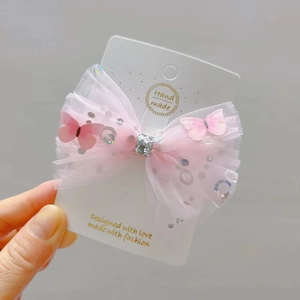 Pink tulle bow hair clip with sequins and 3D butterflies for girls, princess style