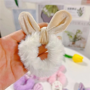 Chouchou en peluche avec oreilles de lapin blanches en velours doux pour filles