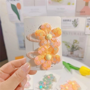 Paire de barrettes à fleurs en organza orange avec paillettes et ruban rose pour filles