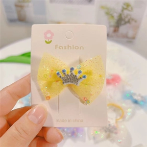 Sparkling yellow mesh bow hair clip with a diamond crown for kids and women fashion