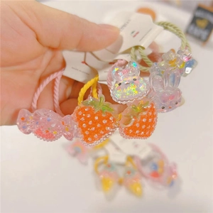 Cute Cartoon Kids Hair Ties Resin Ice Cream Strawberry Rainbow Pendant Elastic Hair Bands For Girls Princess Hair Accessories