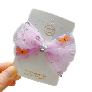 Pink tulle bow hair clip with sequins and 3D butterfly for girls princess style