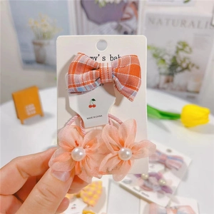 Parure d'accessoires cheveux pour enfants avec nœud à carreaux et fleurs en maille