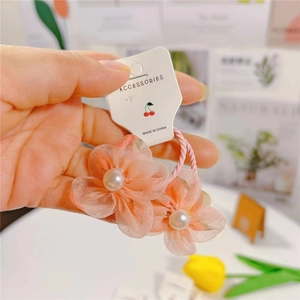 Élastique à cheveux fleur en seersucker avec perle et cordon spirale rose pour fille