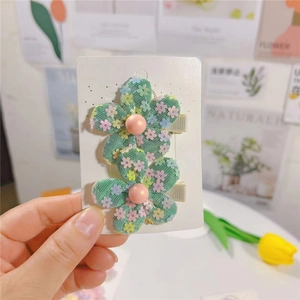 Lot de deux barrettes à fleurs avec pétales en tulle vert et motifs floraux colorés