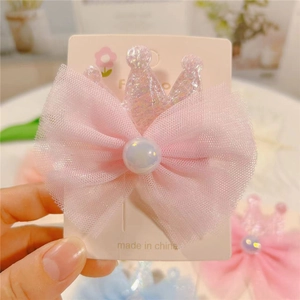 Pink mesh bow hair clip with a sequined crown and faux pearl for girls