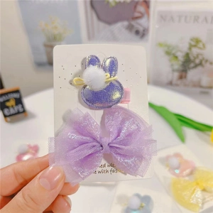 Ensemble de pinces à cheveux lapin violet et nœud en résille pour filles au fini brillant