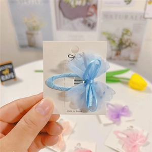Blue polka dot mesh bow hair clip for girls with Korean style fabric covered duckbill base