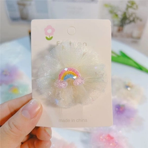 Barrette à cheveux fleur en maille blanche pour fille avec arc-en-ciel