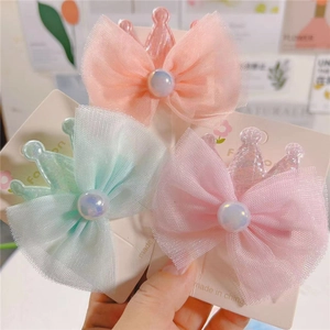 Sweet Pearlescent Mesh Bow Hair Clips For Girls Crown Iridescent Artificial Pearl Hairpins Korean Style Children Hair Accessories
