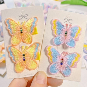 Handmade Embroidered Butterfly Hair Clips With Colorful Rhinestones Sweet Macaron Fabric Hair Barrettes For Girls Children Hair Accessories