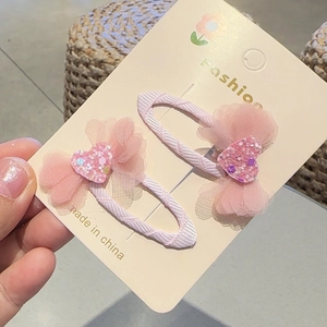Pink chiffon bow hair clips for girls with sparkling heart sequins in two-piece set