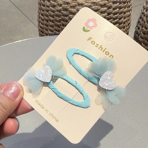 Sweet light blue chiffon butterfly bows hair clips with glitter heart details for girls