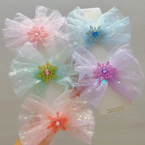 Handmade Children Mesh Bow Hair Clip For Girls Sweet Bronzing Snowflake Rhinestone Princess Headwear Hair Accessories