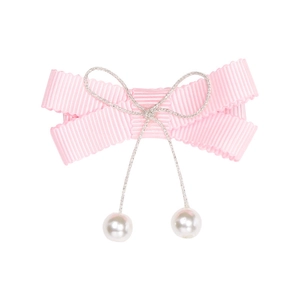 Pink ribbon bow hair clip with elegant silver thread and white pearl pendants for girls