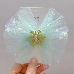 Kids sweet light blue mesh bow hair clip with golden snowflake and pink gemstone