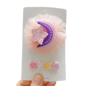 Lot de barrettes à cheveux rose avec lune en gaze et étoiles à paillettes pour filles