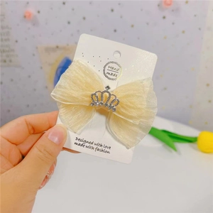 Barrette à cheveux en maille crème avec couronne argentée et strass pour filles et enfants