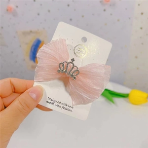 Barrette à cheveux pour filles avec nœud en tulle rose et couronne en strass argentés