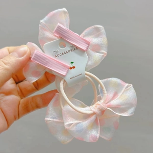 Detailed set of pink polka dot lace bow hair clip and elastic band for girls