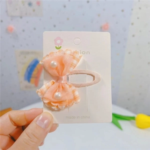 Barrette à cheveux nœud à carreaux orange avec perles fantaisie pour filles