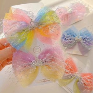 Girls Gradient Mesh Bow Hair Clips Headbands Rhinestone Crown Princess Style Sweet Hair Accessories For Kids Birthday Party