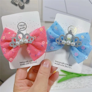 Pince à Cheveux Nœud en Maille pour Enfants Filles Couronne de Künstliche Perles Paillettes Florales Barrettes Faites à la Main de Princesse Accessoires Cheveux