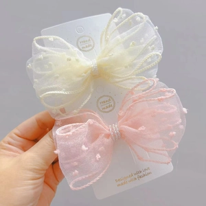 Kids Girls Mesh Polka Dot Large Bow Hair Clips With Artificial Pearl Sweet Princess Organza Hairpins For Toddler Hair Accessories