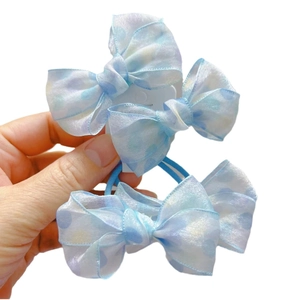 Three-piece set of light blue polka dot organza bow hair ties with elastic bands