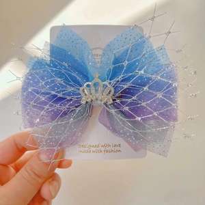 Girl's blue-purple gradient mesh hair bow headband with silver crown rhinestone detail