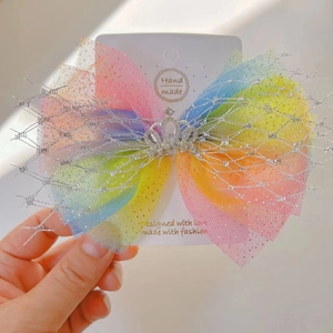 Rainbow mesh bow hair clip for girls with silver rhinestone crown on display card