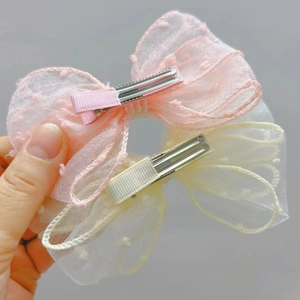 Pink and white seersucker dot bow hair clips with organza ribbon for girls