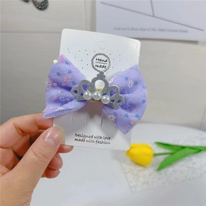 Pince à cheveux nœud en tulle violet avec couronne argentée et perles pour filles