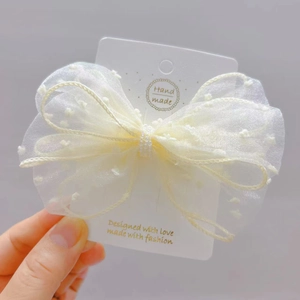 Polka dot seersucker bow hair clip in cream white with beads and handmade card