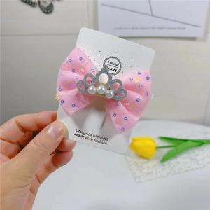 Barrette à cheveux avec nœud en tulle rose, couronne scintillante et perles pour filles